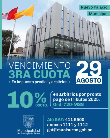 Municipalidad de Surco ofrece el 10 % de descuento por pronto pago de tributos 2025 hasta el 29 de agosto